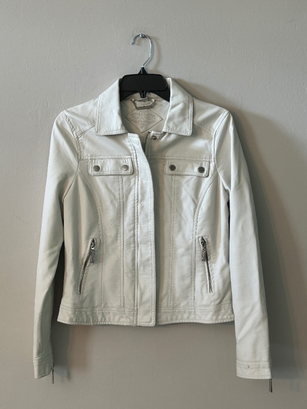 Jou Jou Vanilla Cream Faux Leather Utility Moto Jacket Sz L Minimalist Biker Y2K